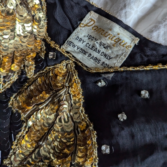 📼Stunning Vintage DOMINIQUE 3/4 sleeve sequin cascading leaf pattern dress - S - Picture 3 of 16